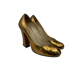Yves Saint Laurent Womens Heels 6.5 Metallic Gold Chunky Heel Peep Toe Pumps 37